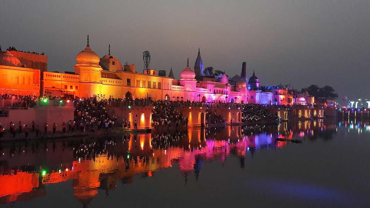 Ayodhya city view with Ram Mandir and holy riverfront