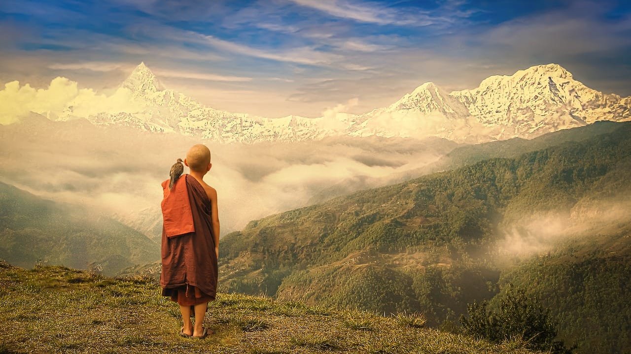 monk, nature, mountains
